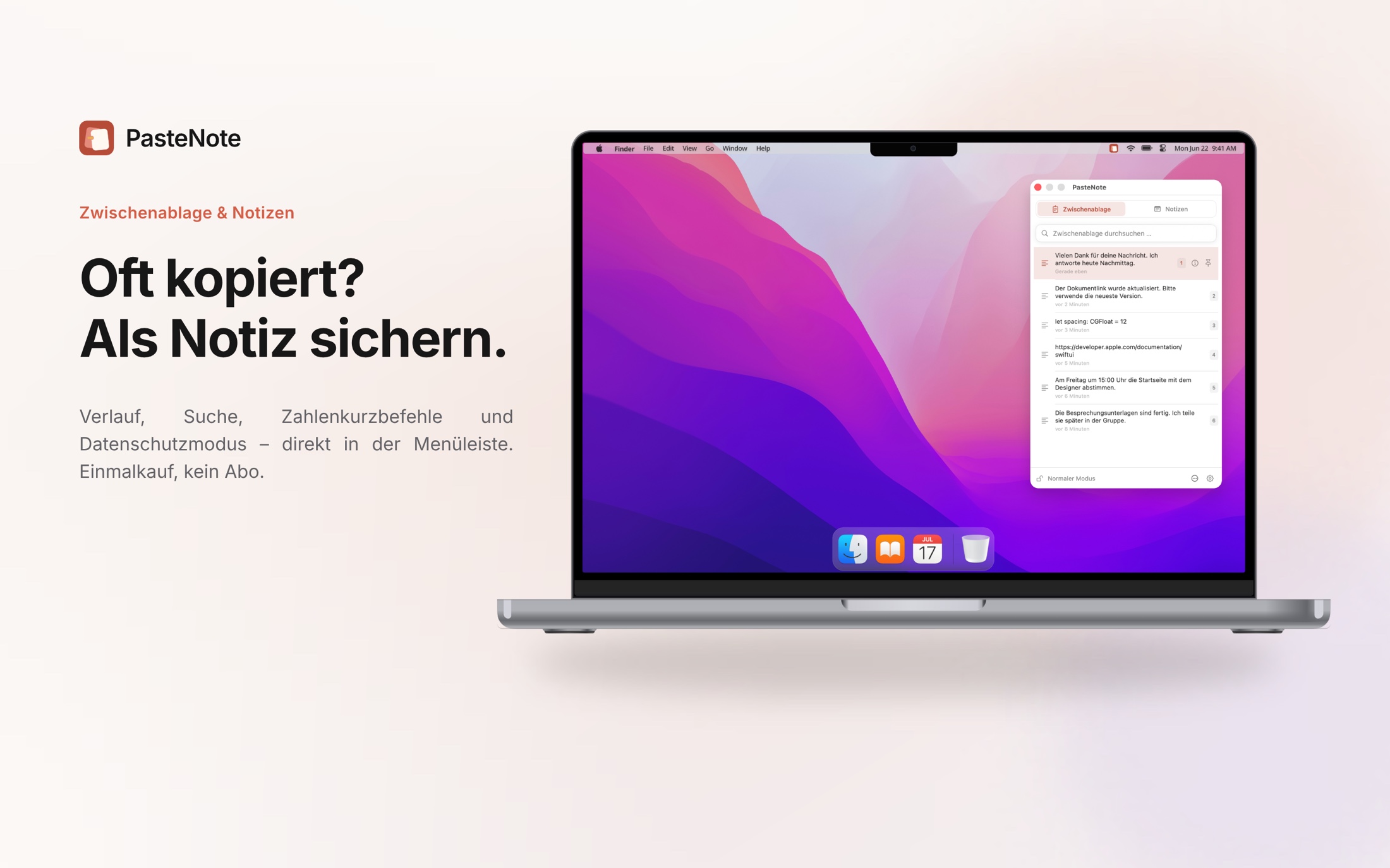 PasteNote auf einem Mac-Schreibtisch, mit direktem Zugriff auf den Zwischenablageverlauf über die Menüleiste
