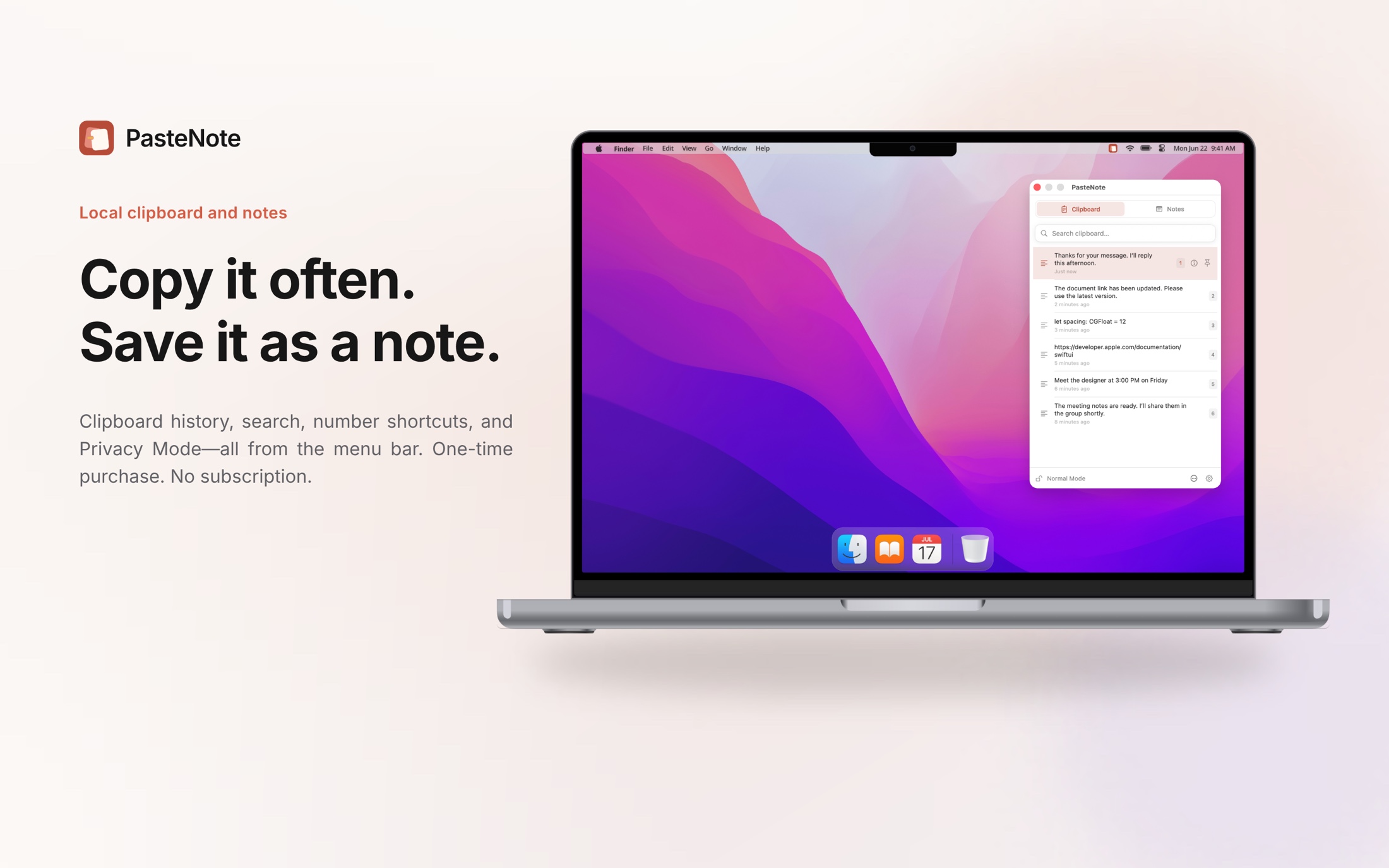PasteNote open on a Mac desktop, with clipboard history ready from the menu bar
