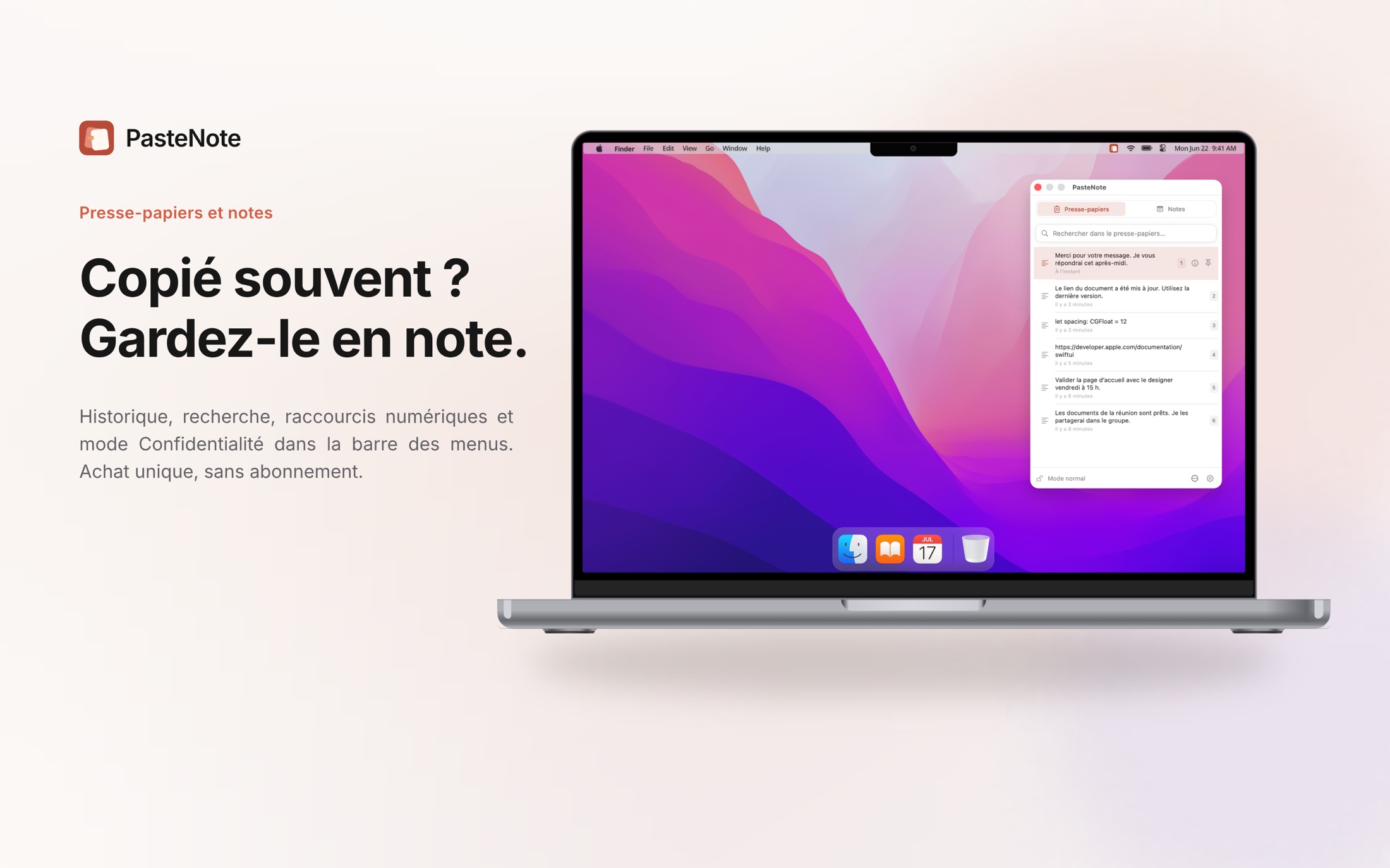 PasteNote ouvert sur le bureau d’un Mac, avec l’historique accessible depuis la barre des menus