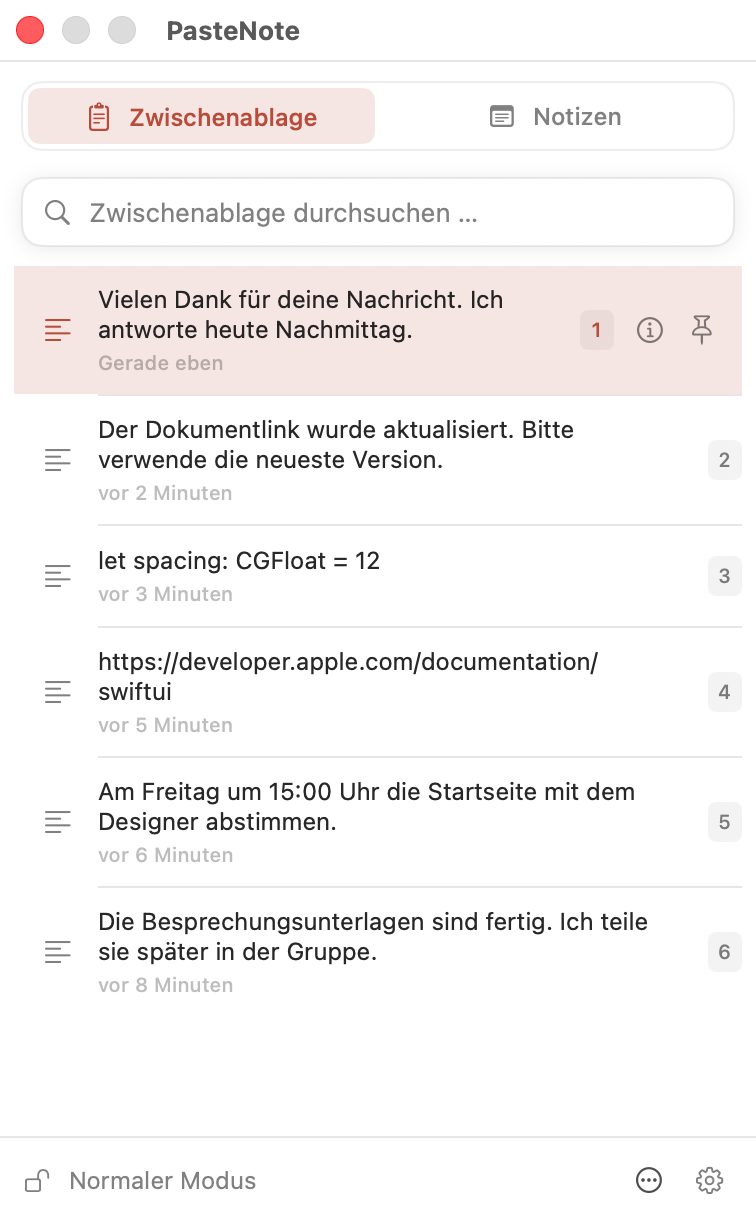 Geöffneter PasteNote-Zwischenablageverlauf unter macOS
