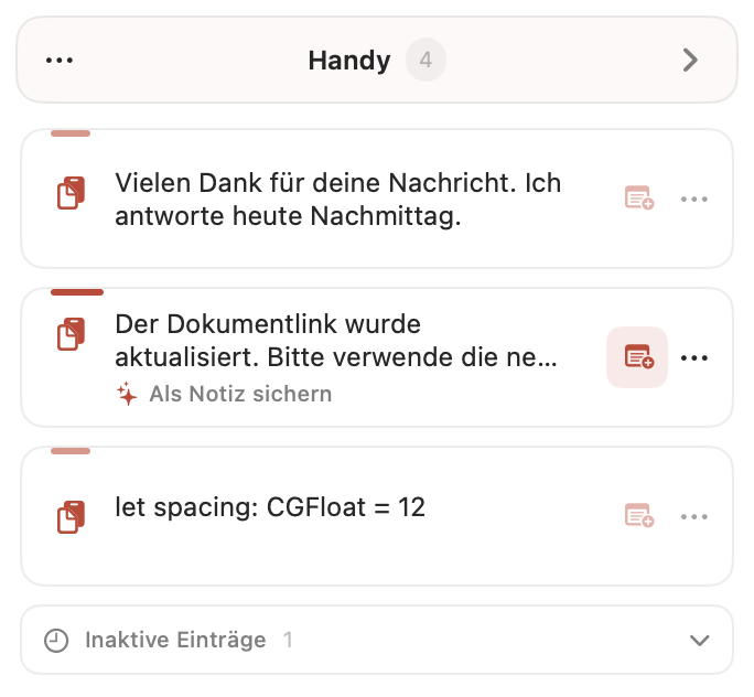 PasteNote-Handy-Bereich mit temporären Texten und lokalen Vorschlägen