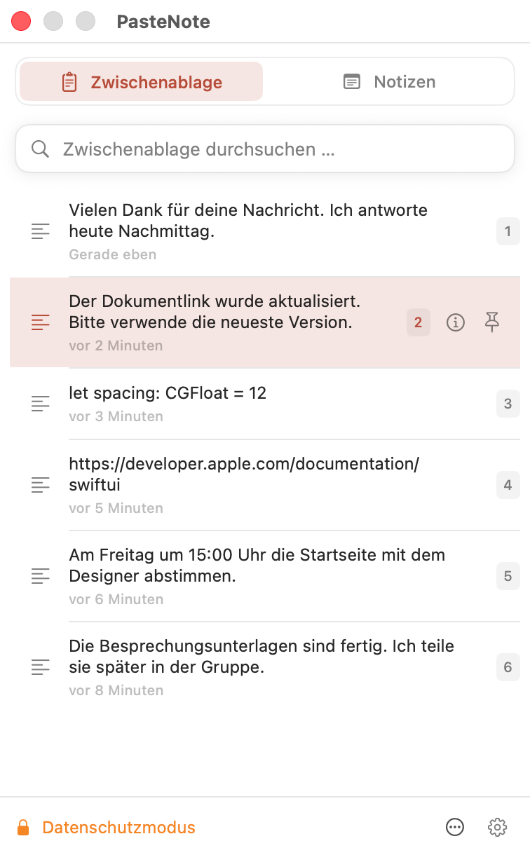 Lokale Datenschutzeinstellungen in PasteNote