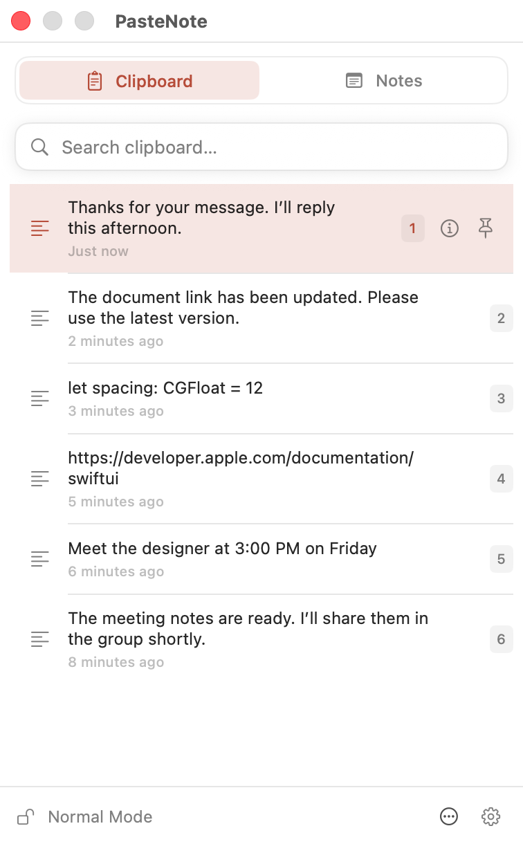 PasteNote clipboard history open on macOS