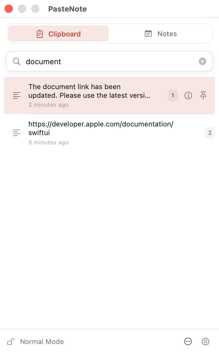 Searching clipboard history in PasteNote