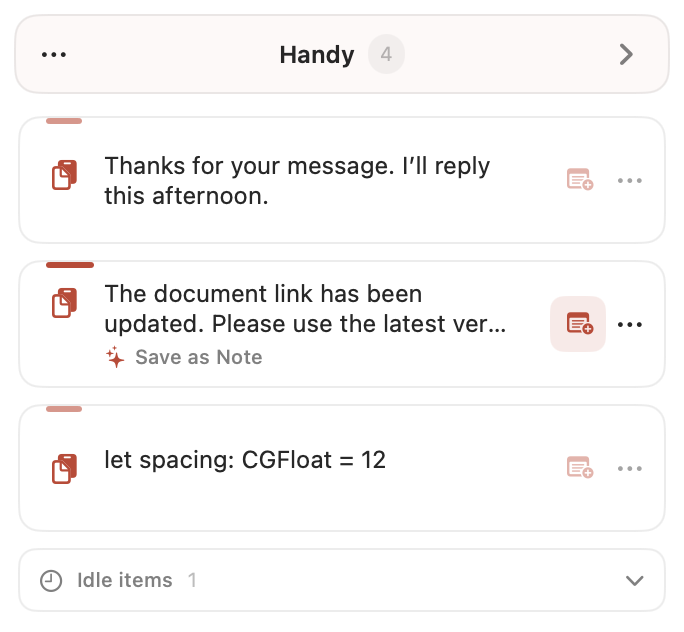 PasteNote Hand panel with temporary text and reuse suggestions
