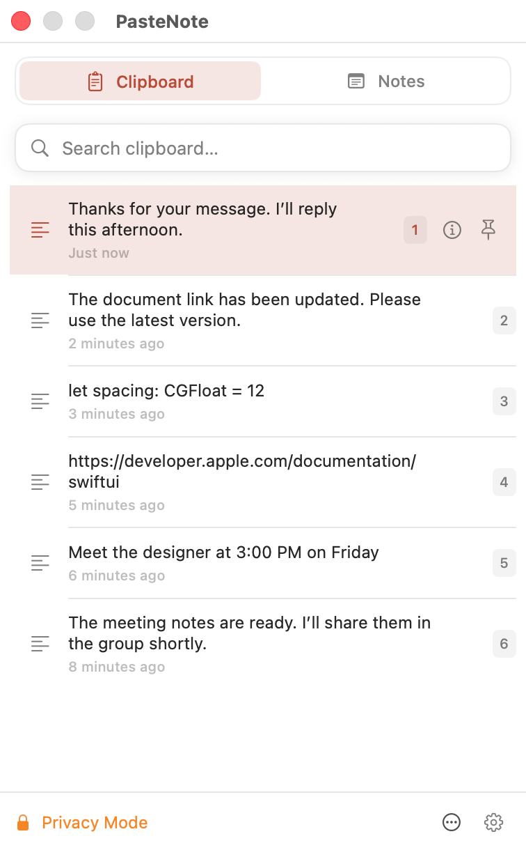 PasteNote local privacy controls