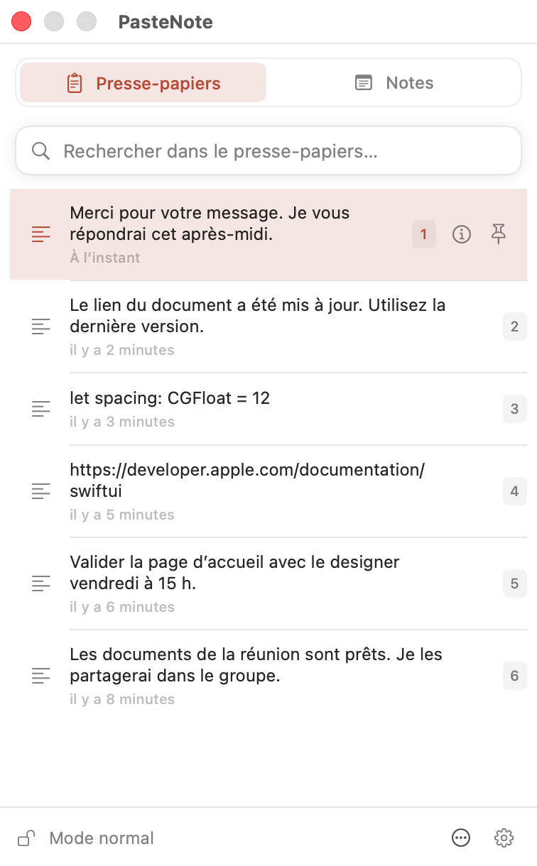 Historique du presse-papiers PasteNote ouvert sous macOS