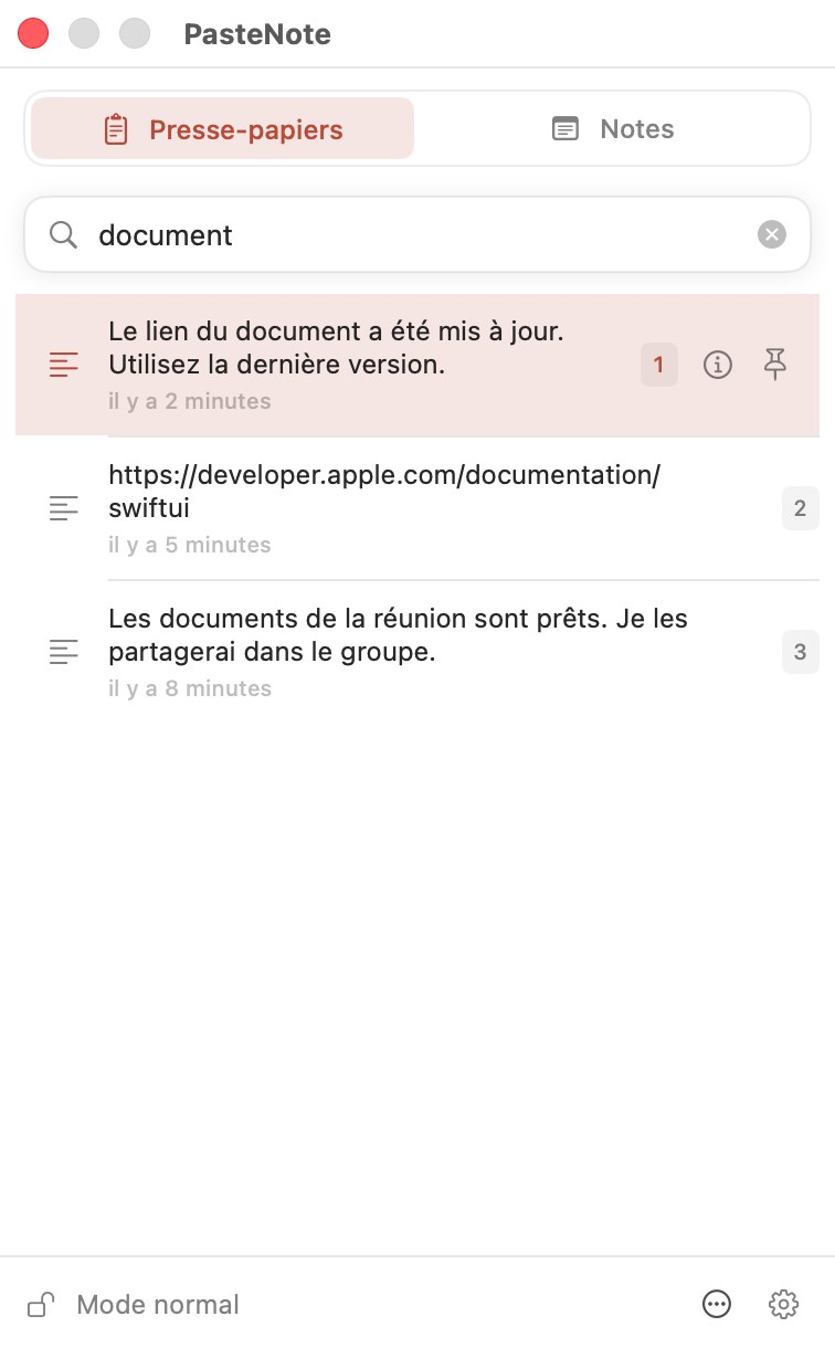 Recherche dans l’historique PasteNote