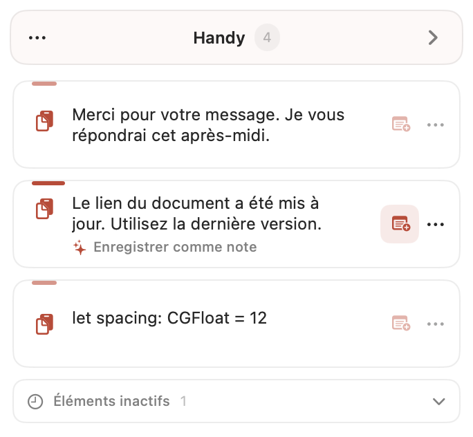 Panneau Handy de PasteNote avec textes temporaires et suggestions locales