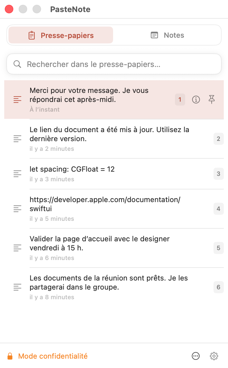 Réglages de confidentialité locale de PasteNote